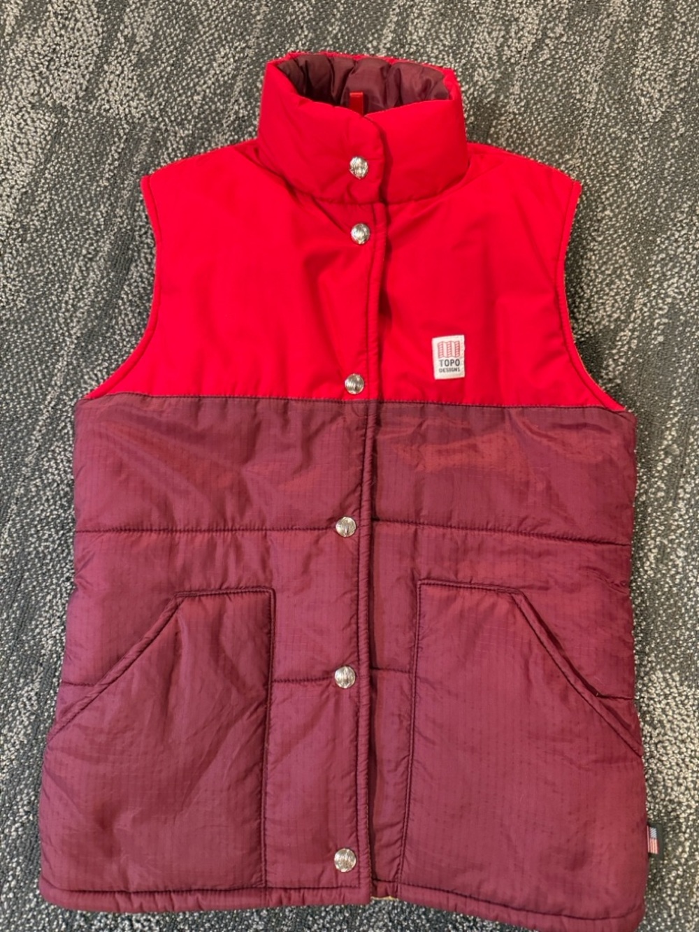 TOPO Designs Two-Tone Red/Burgundy Puffer Vest